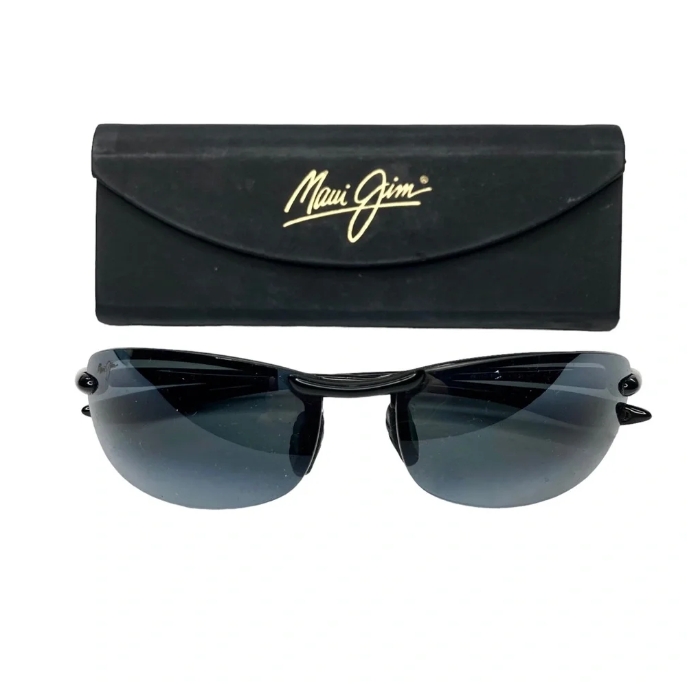 Authentic Maui Jim Black Gloss Frame Non-RX Lens Wrap Sunglasses & Travel Case